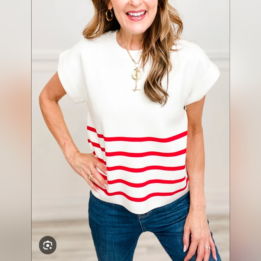Lumière Red Striped Knit Roll Up Sleeve Top Size L